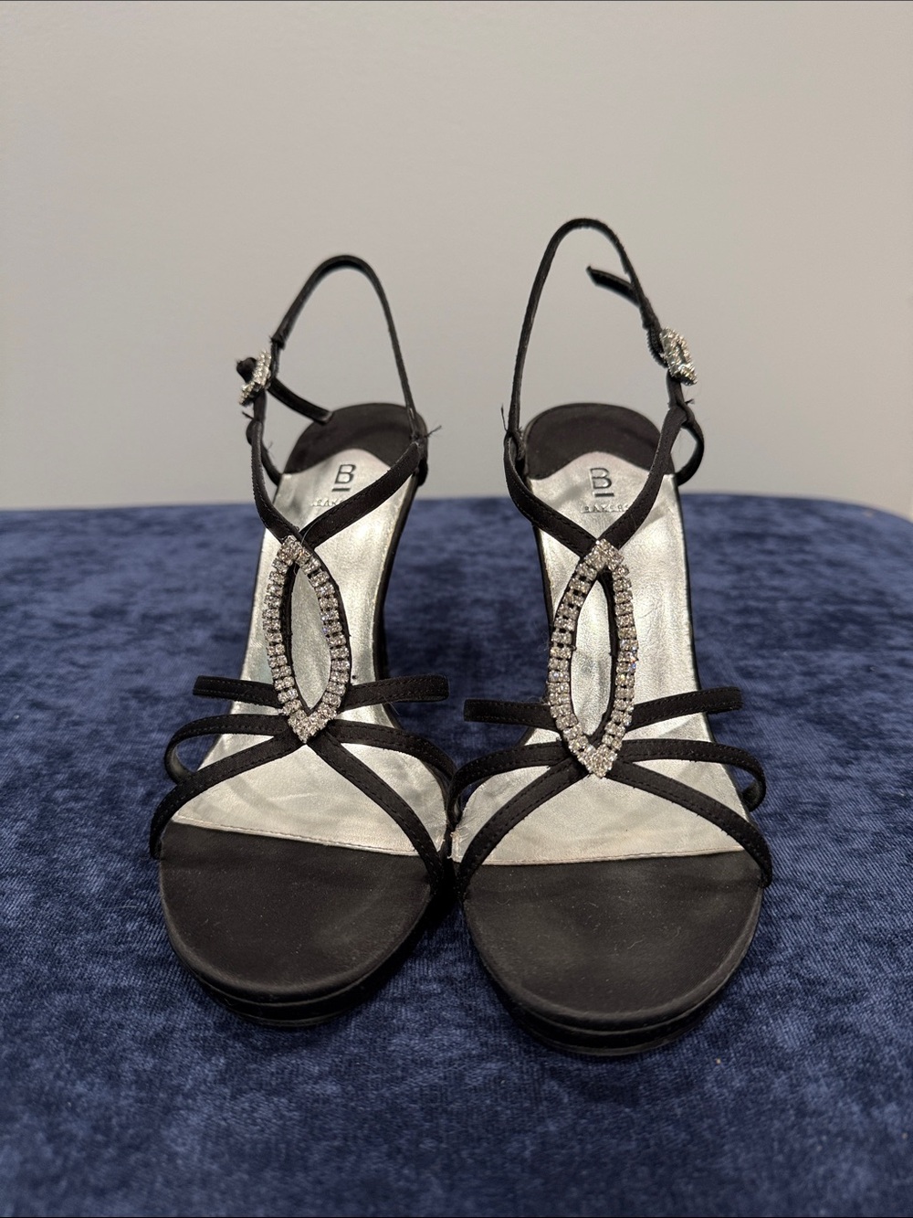 Bakers Black Satin Rhinestone T-Strap Slingback Heels